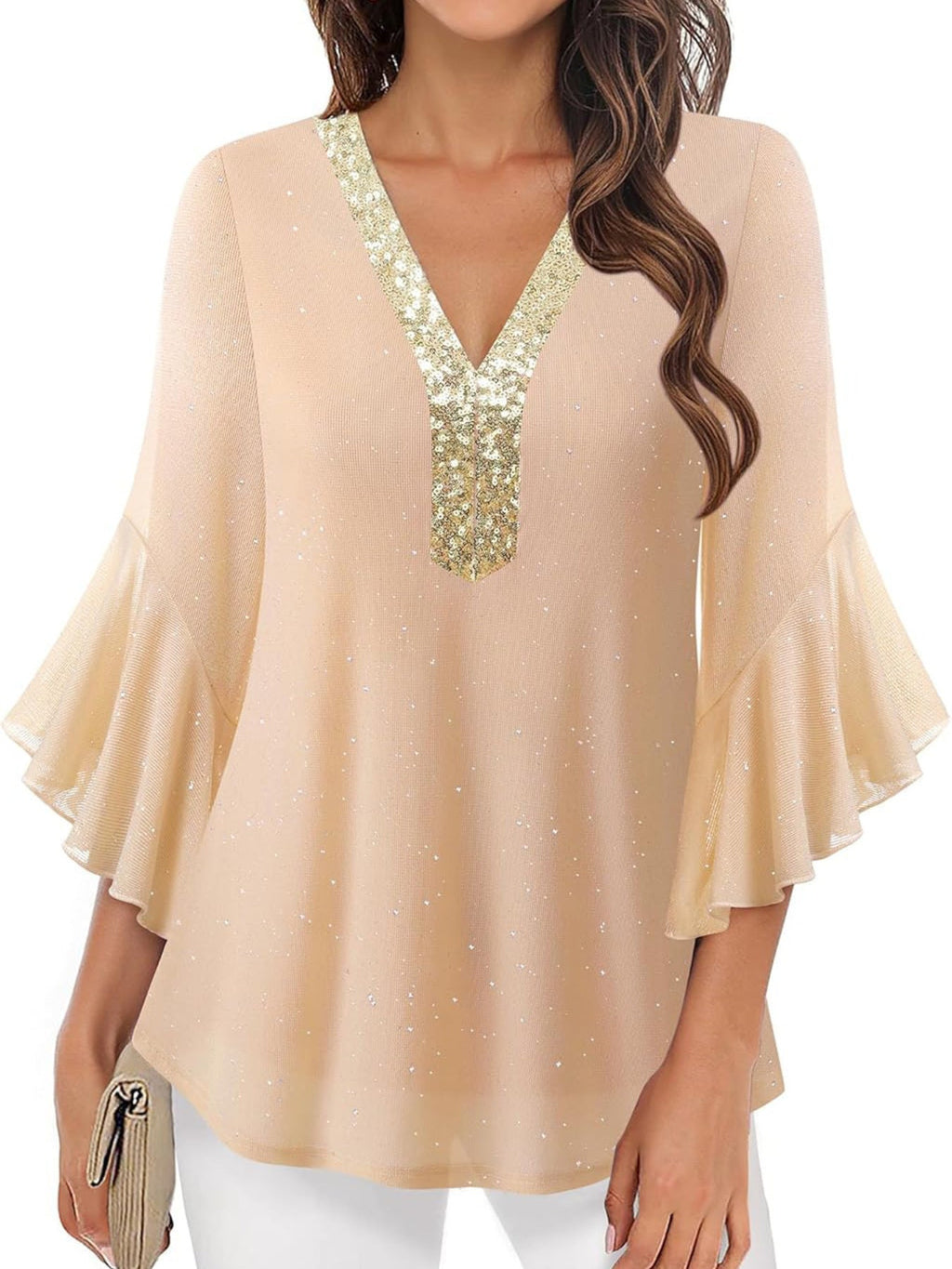 Sequin V-Neck Flounce Sleeve Blouse