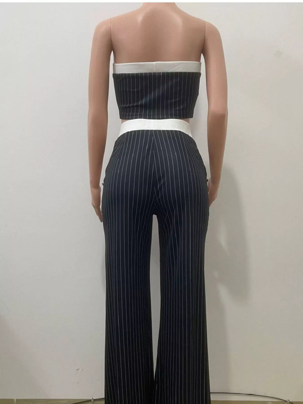 Striped Strapless Crop Top and Wide-Leg Pants Set