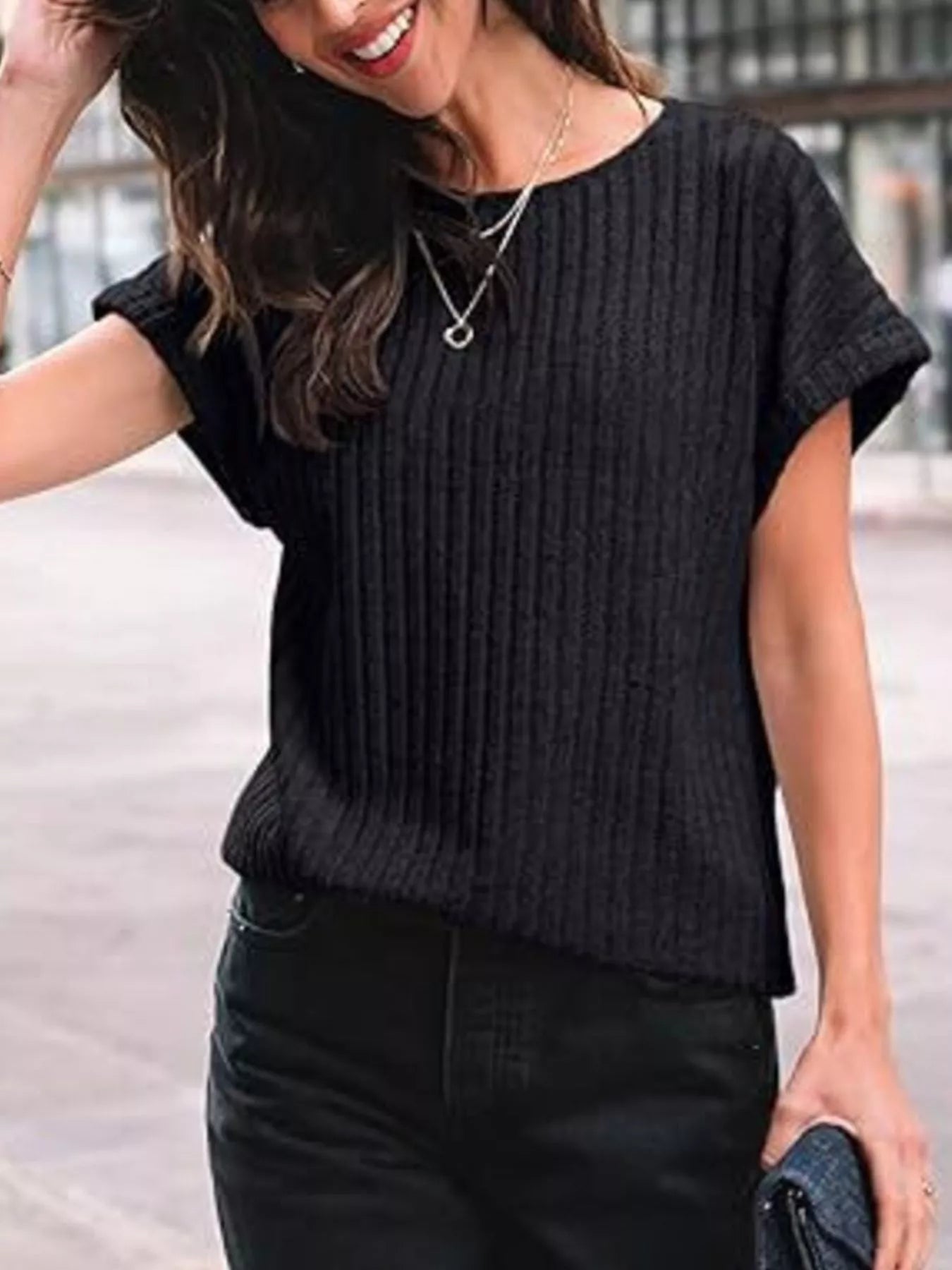 Casual Ribbed Knit Short Sleeve T-Shirt