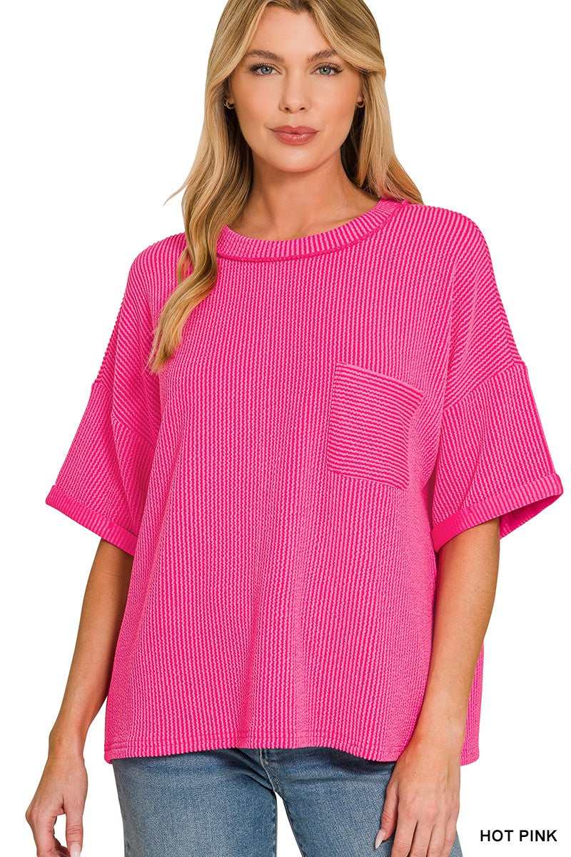 Zenana Raised Rib Short Sleeve Front Pocket Top