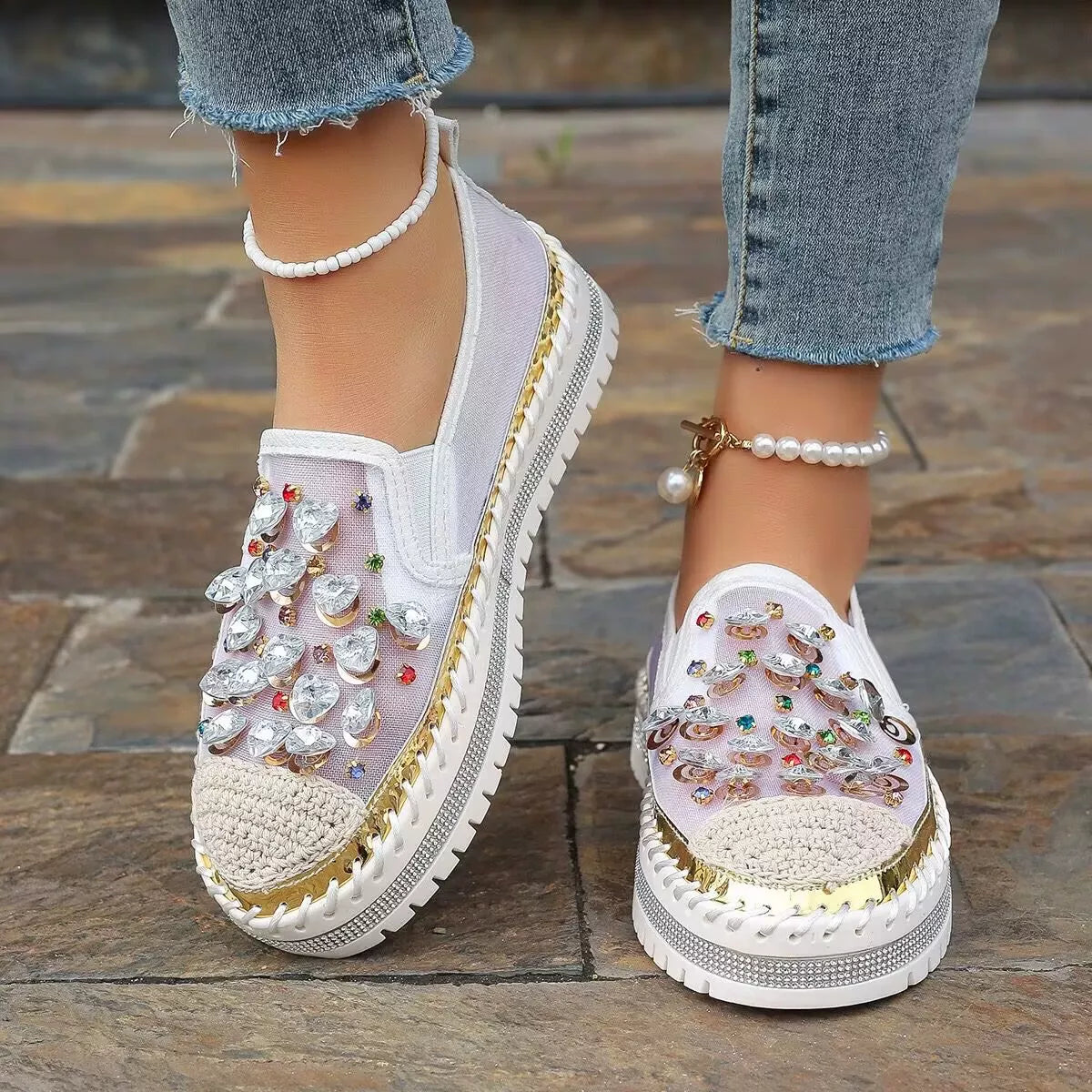 Rhinestone Decor Platform Loafers