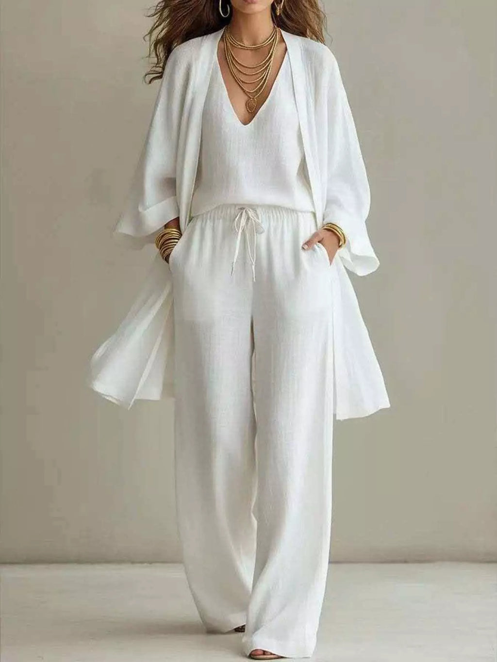 V-Neck Top & Cardigan & Pants Three-Piece Set
