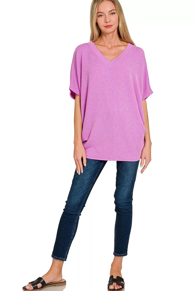Zenana Raised Rib V-Neck Batwing Top