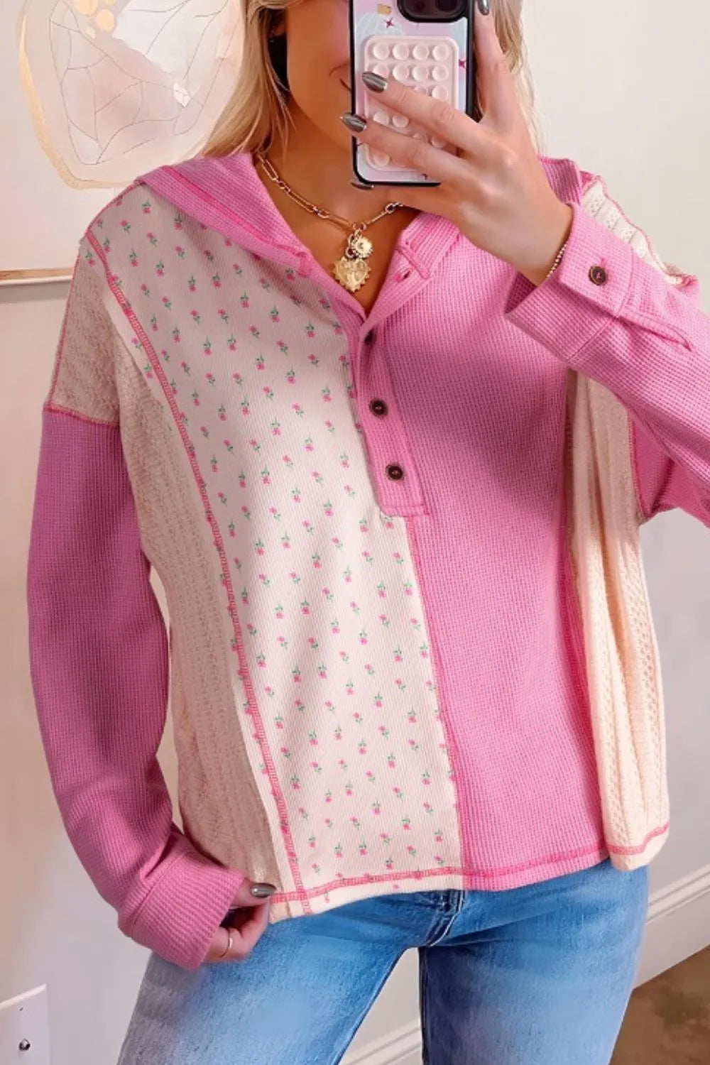 Color Block Button Detail Hoodie