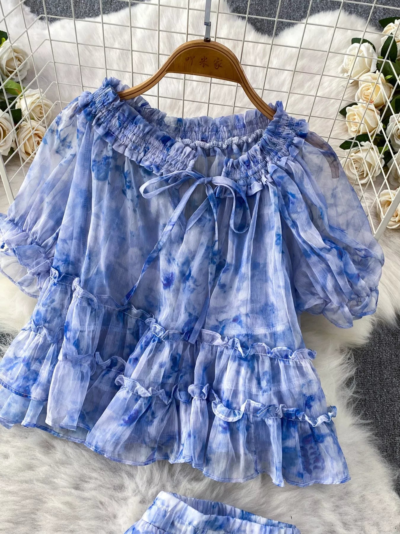 Floral Print Ruffle Hem Blouse and Skirt Set