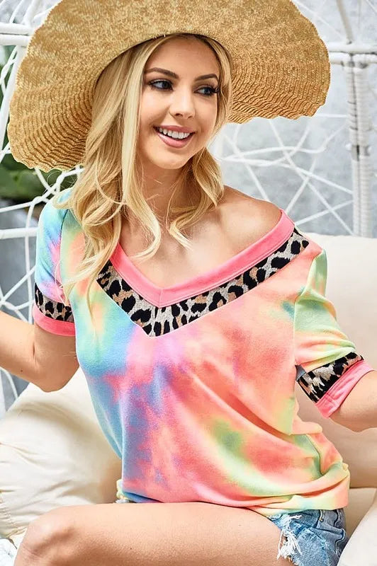 BiBi Rainbow Tie-Dye Leopard Trim V-Neck T-Shirt
