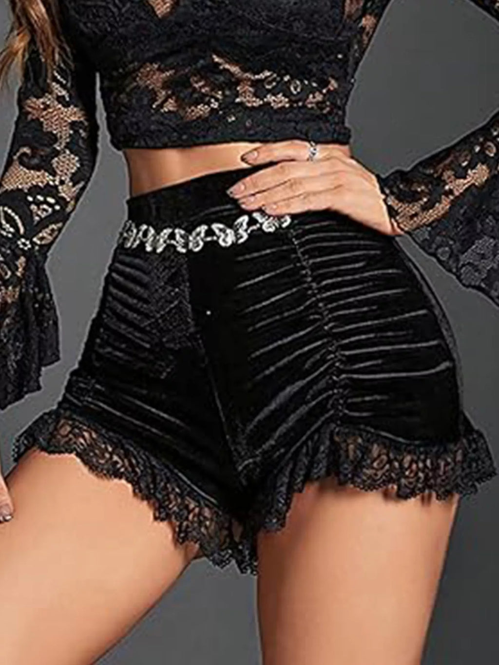 Velvet Ruched Lace Trim Shorts