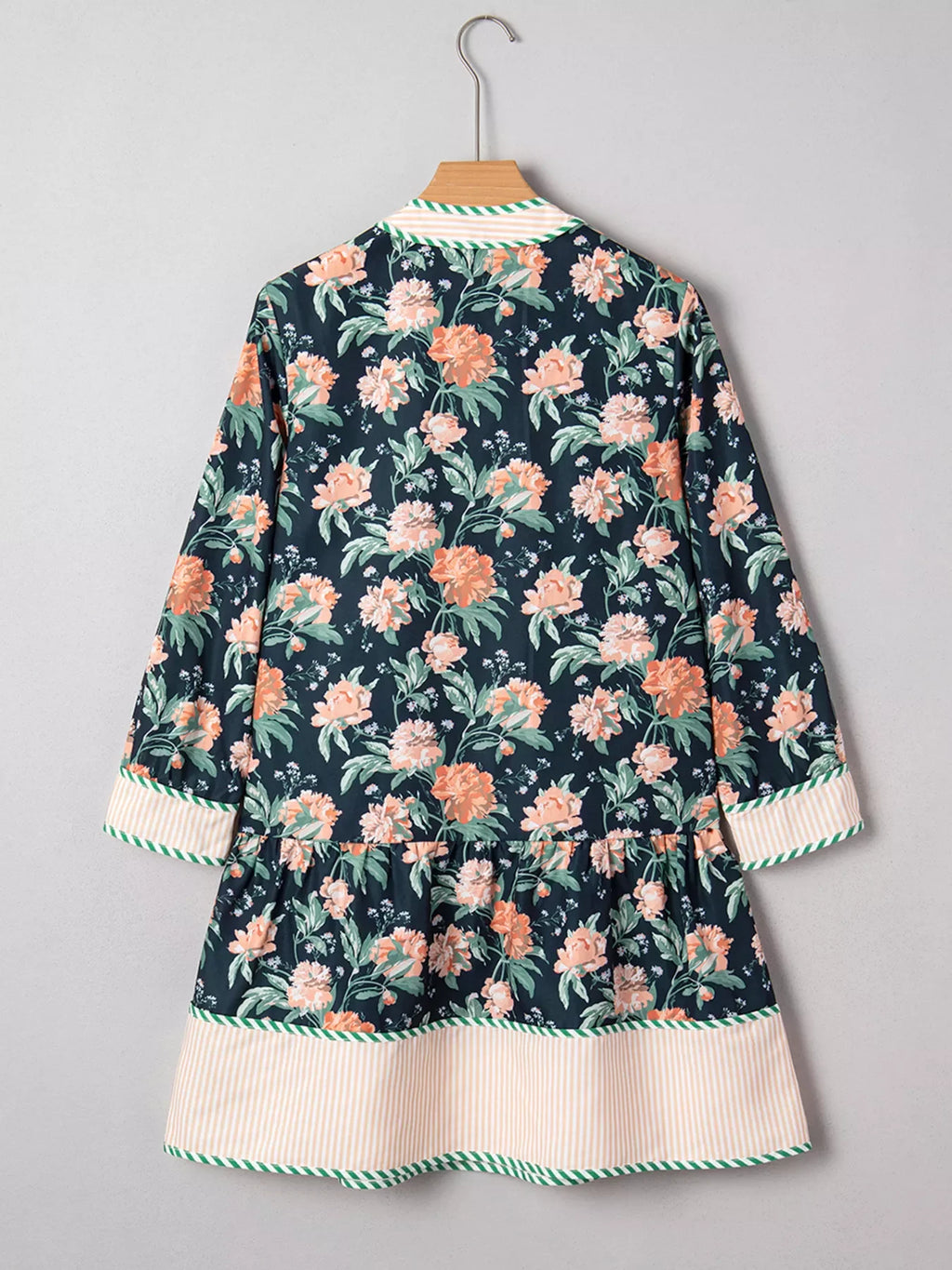 Floral Print Striped Trim V Neck Long Sleeve Ruffle Hem Shift Mini Dress