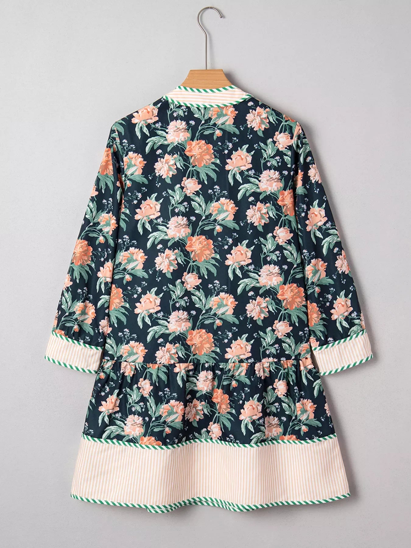 Floral Print Striped Trim V Neck Long Sleeve Ruffle Hem Shift Mini Dress