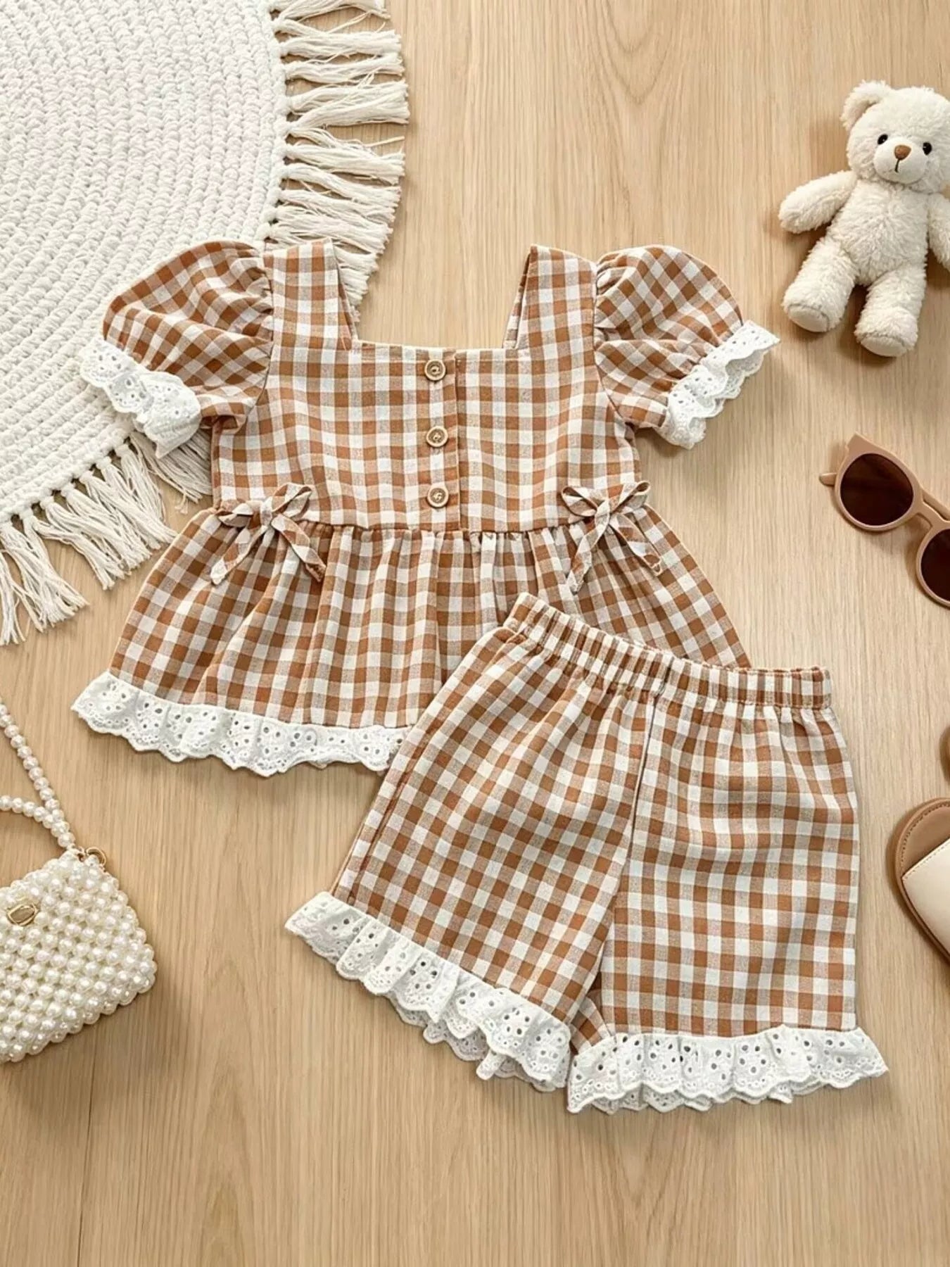 Children's Gingham Ruffle Trim Top and Shorts Set