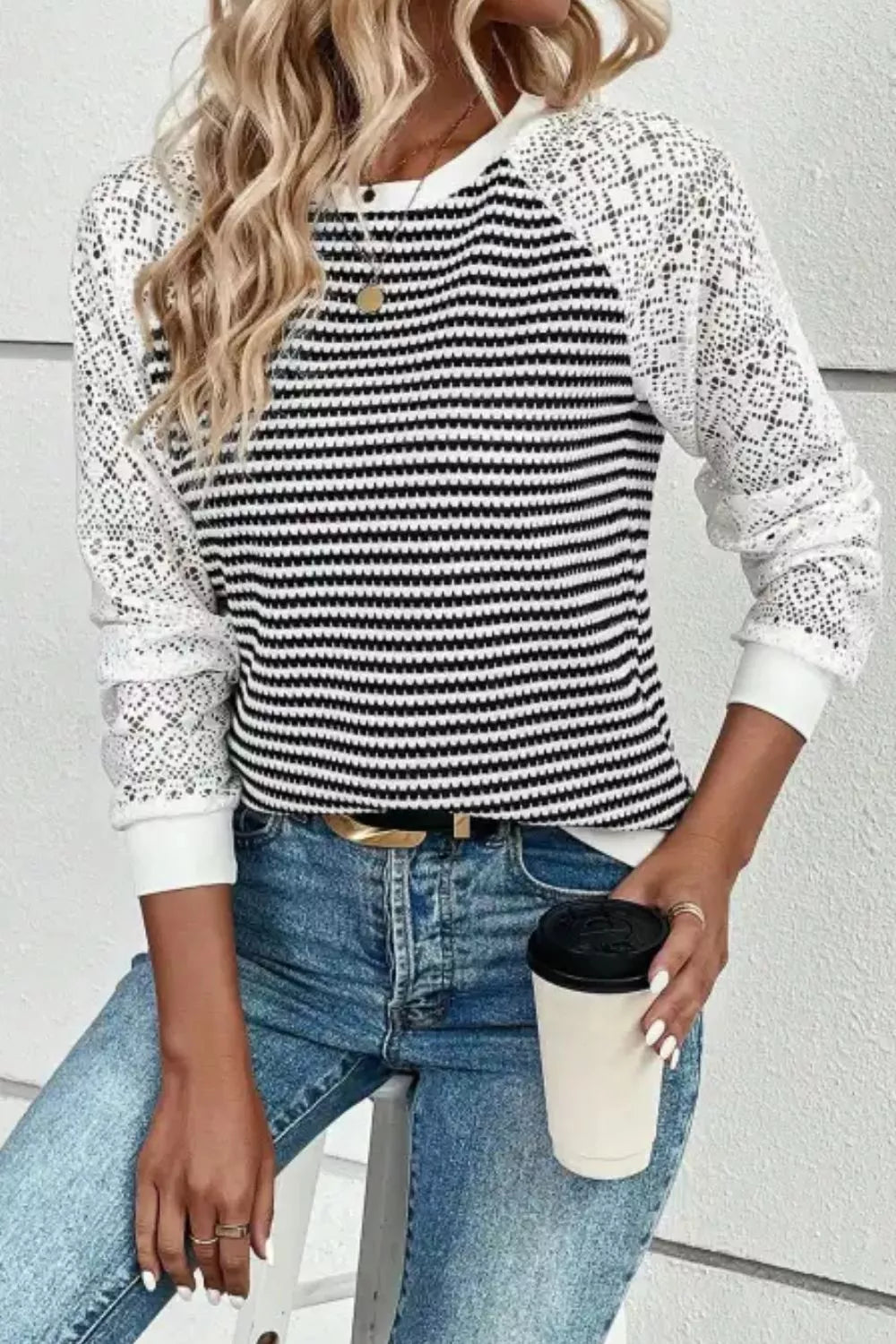 Striped Lace Raglan Sleeve Blouse