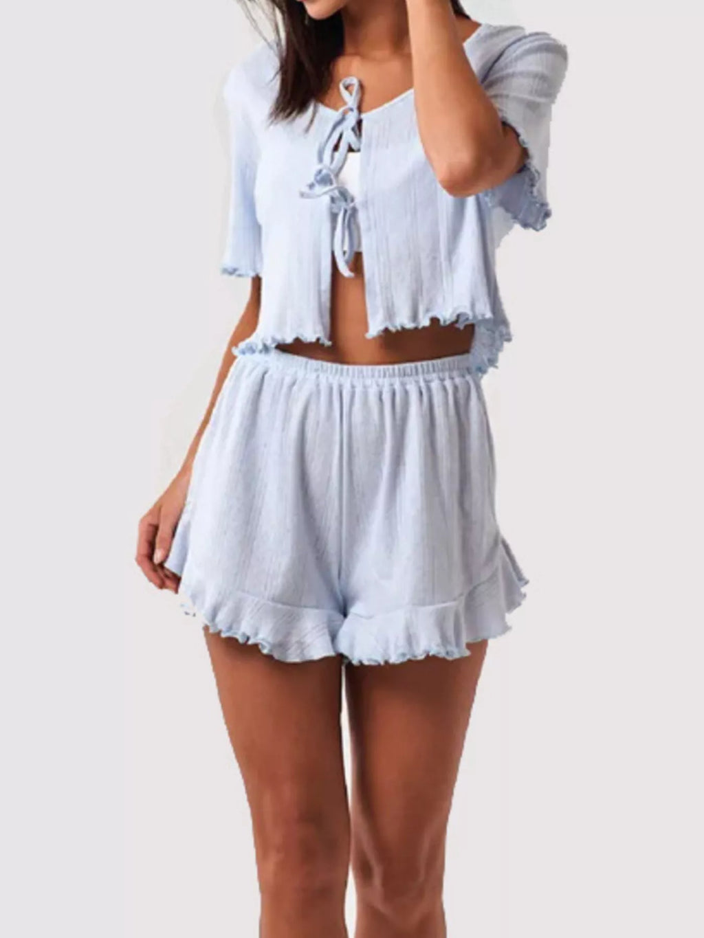 Tie Front Top and Ruffled Hem Shorts Set