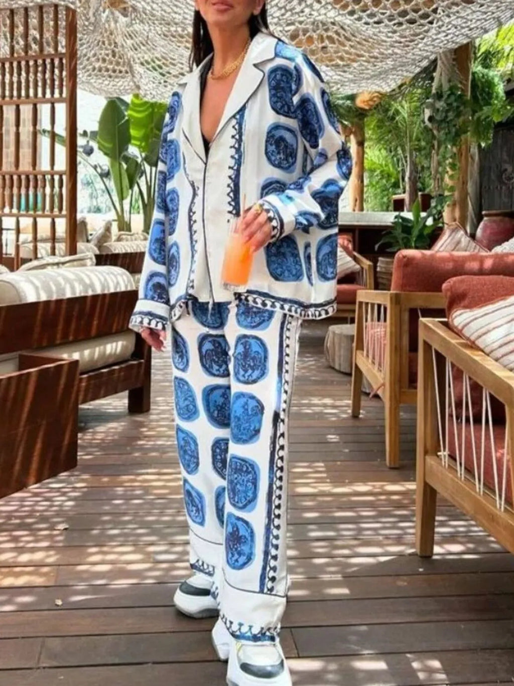 Printed Button Up Shirt and Pants Set