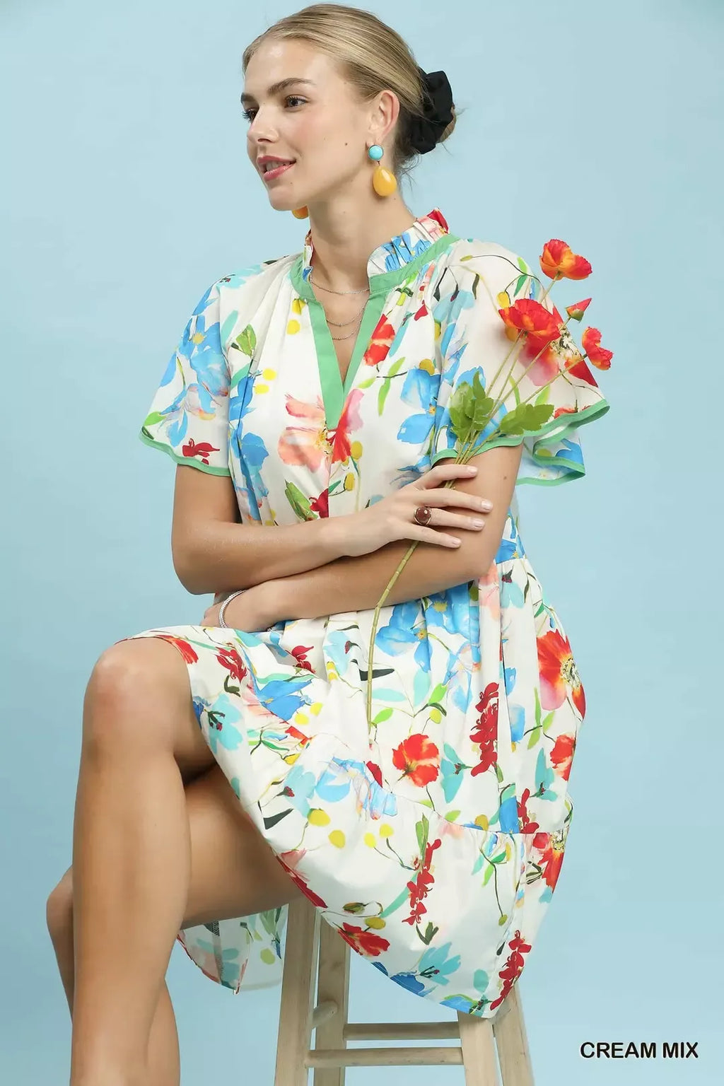 Umgee Watercolor Floral Print Dress with Contrast Trim