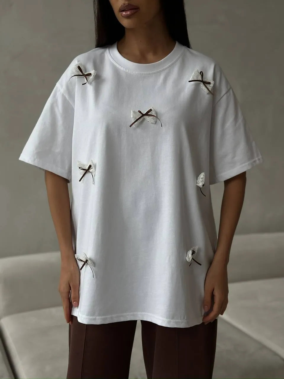 Bow Round Neck Oversized T-Shirt