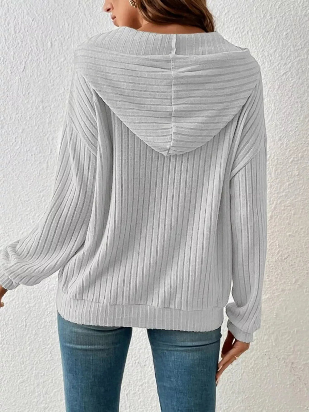 Casual Ribbed Knit Drawstring Hoodie