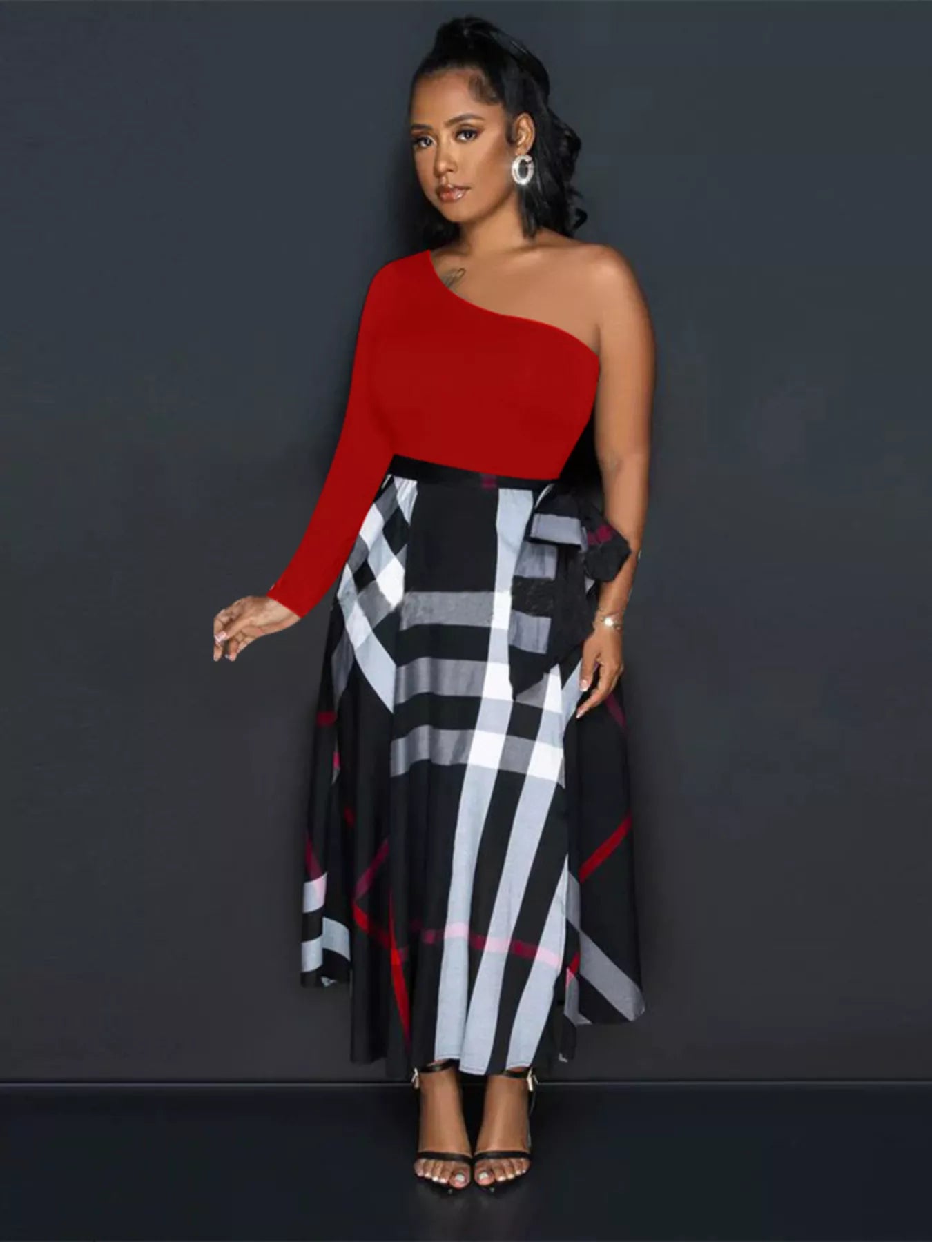 Asymmetrical One-Sleeve Plaid Midi Dress with Waist Tie