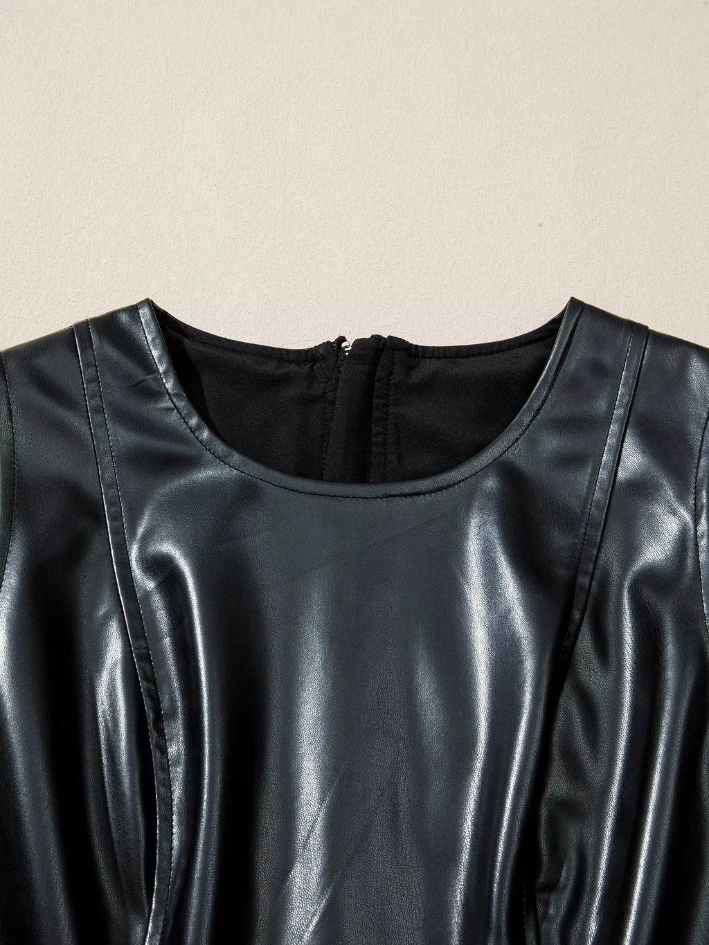 Faux Leather Ruffle Hem Sleeveless Mini Dress