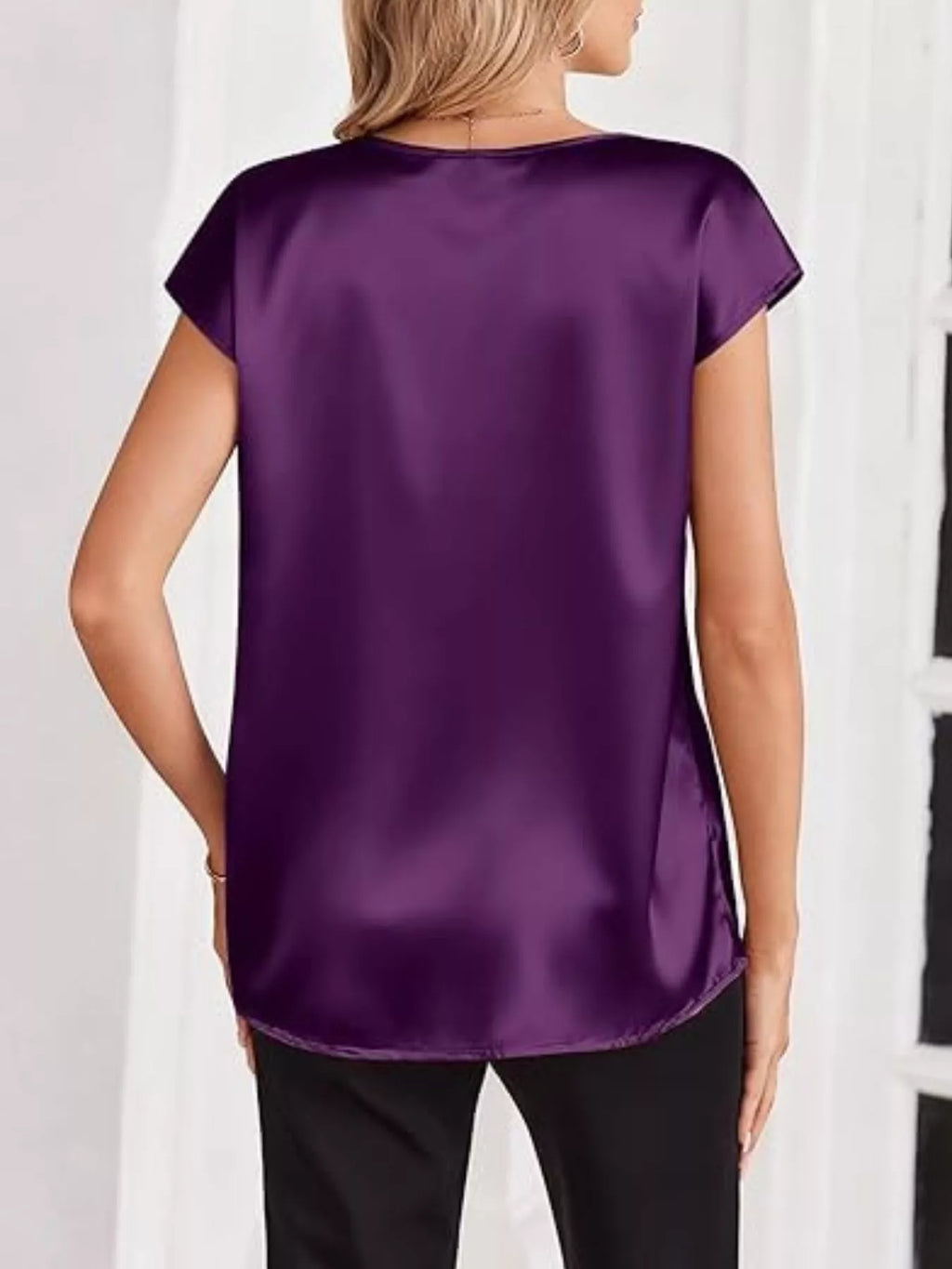 Satin V-Neck Short Sleeve Blouse