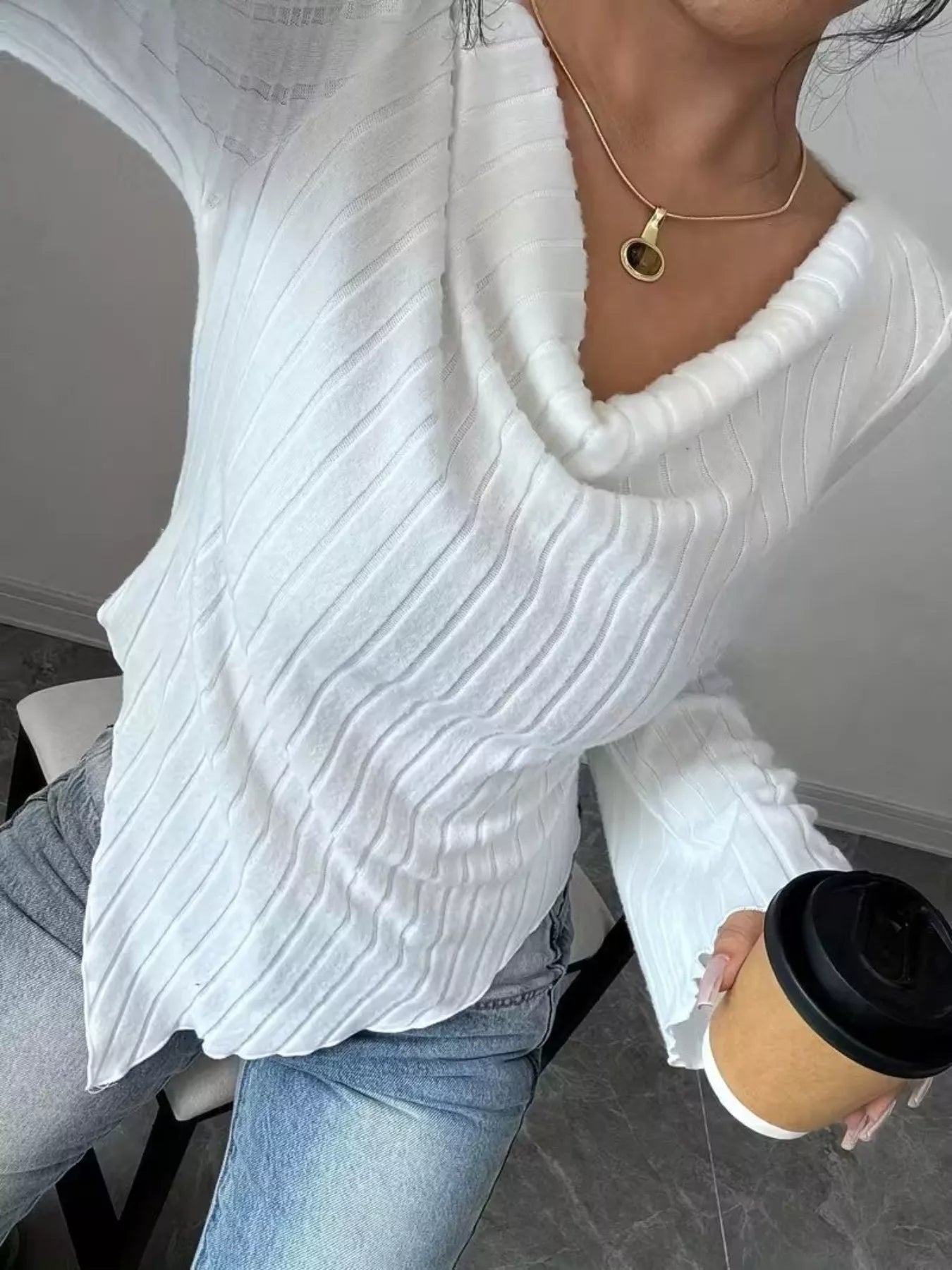 Cowl Neck Ribbed Knit Top