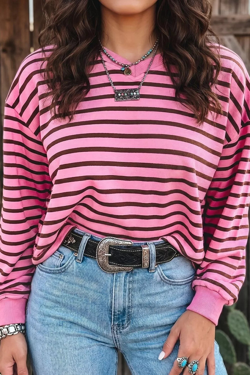 Stripe V Neck Drop Shoulder Long Sleeve Top