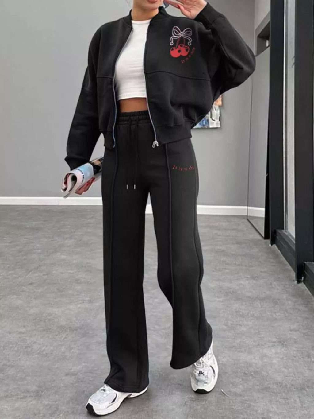 Zip Up Dropped Shoulder Outerwear and Pants Set