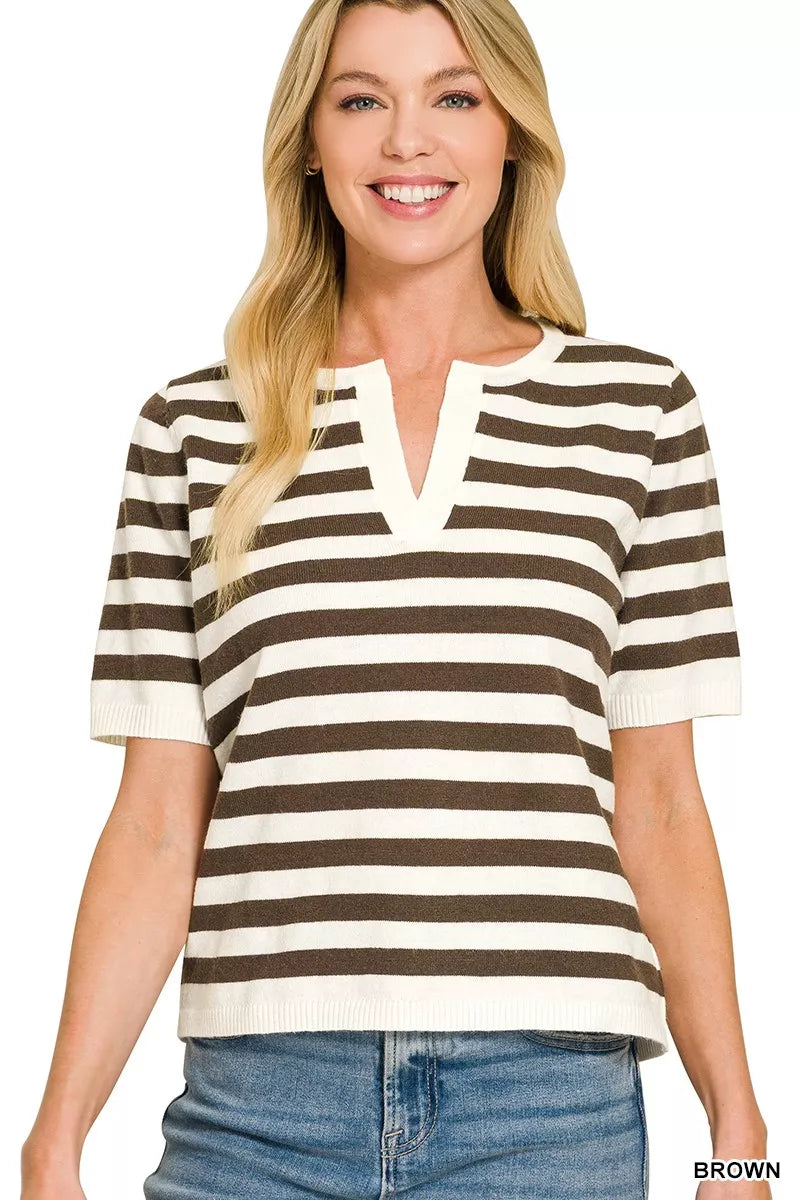 Zenana Split Neck Stripe Short Sleeve Sweater