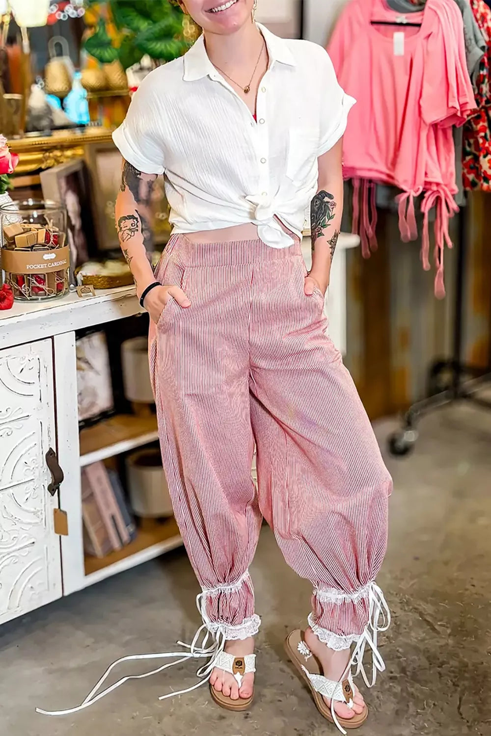 Stripe Contrast Lace Ribbon Tie Detail Wide Leg Pants