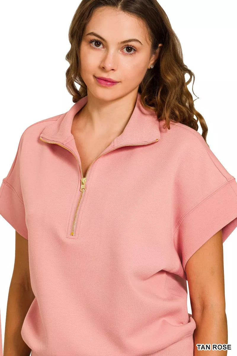 Zenana Full Size Scuba High Neck Half Zip Short Sleeve Top Plus Size