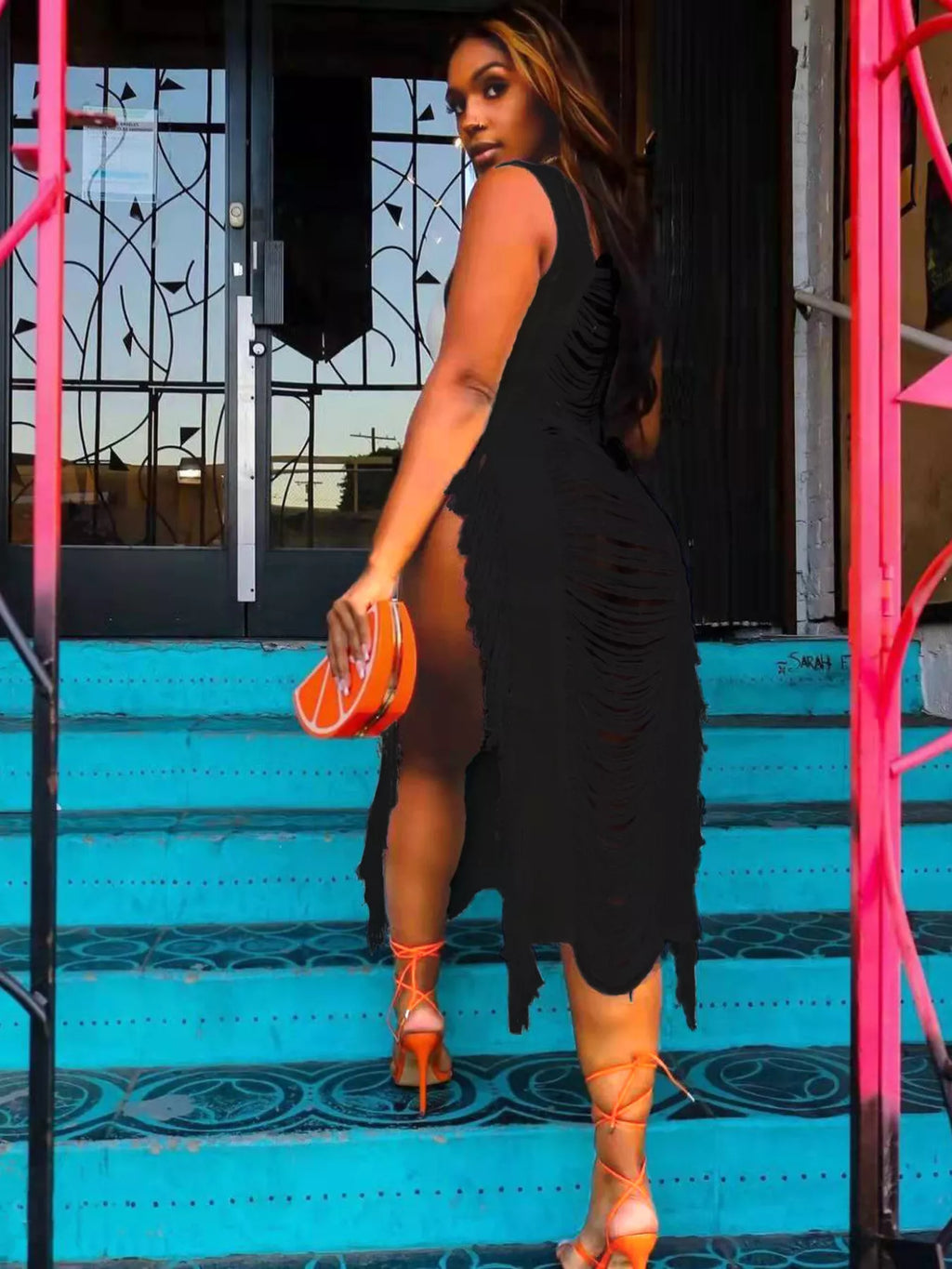 Fringe Split Square Neck Midi Dress