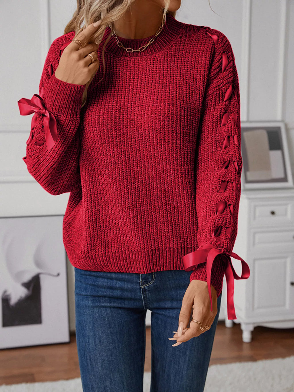 Ribbon-Tie Sleeve Round Neck Sweater