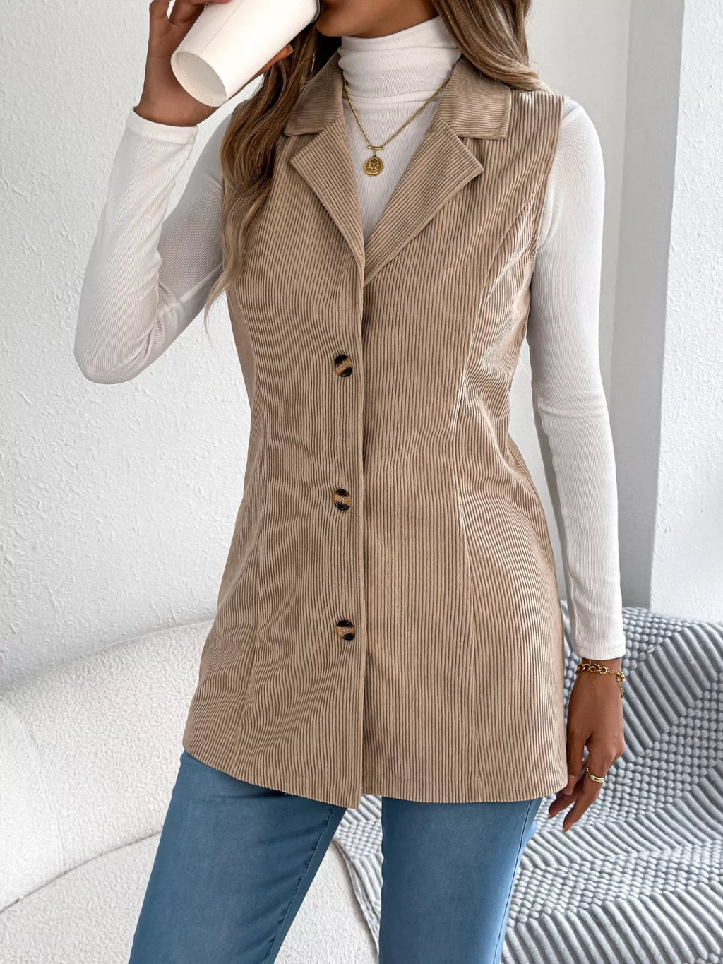 Button-Front Longline Vest Coat