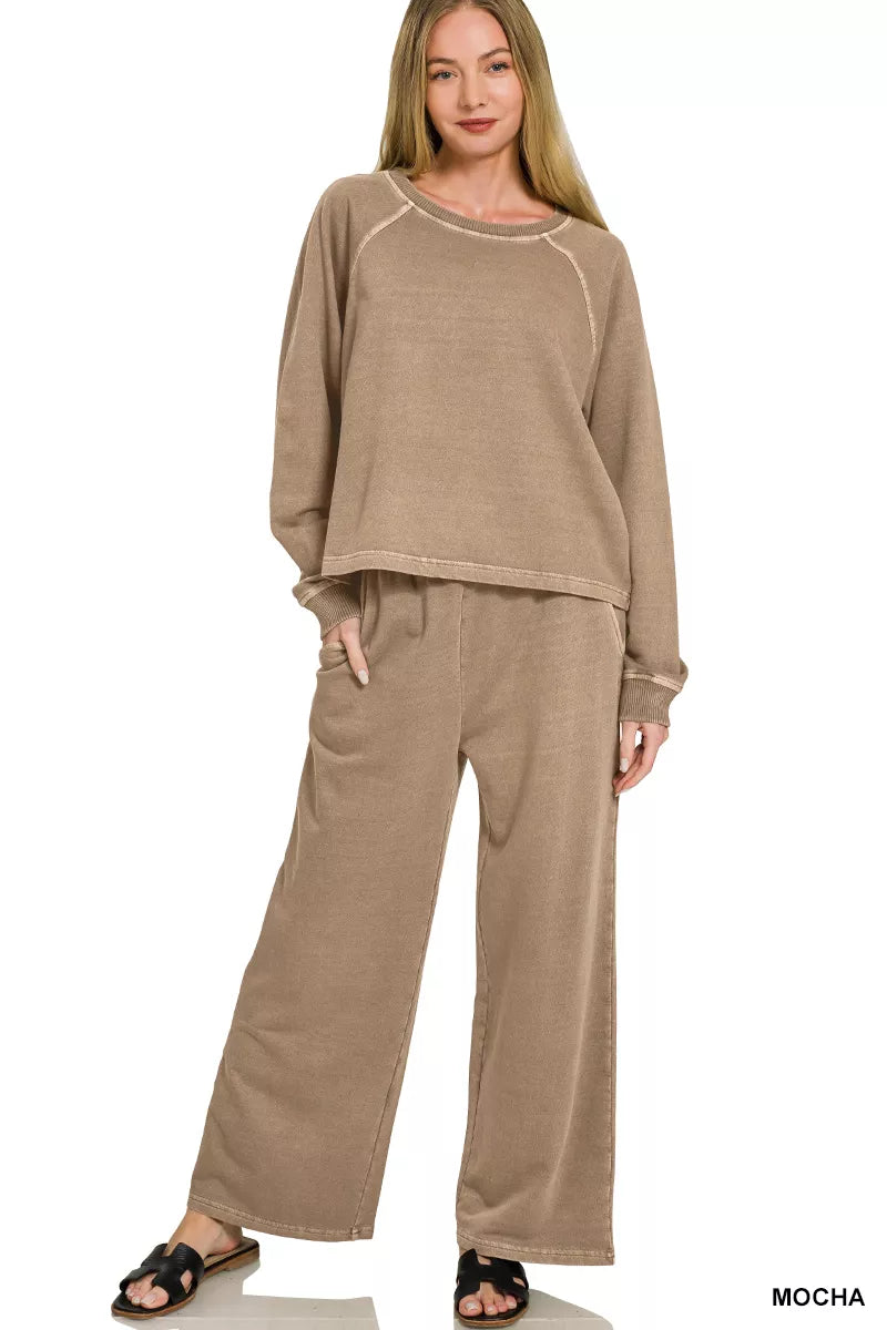 Zenana Washed F/terry Round Neck Pullover & Pants Set