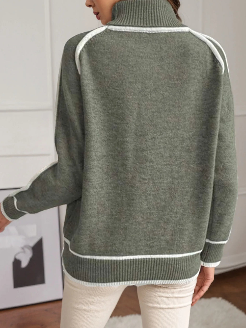 Turtleneck Contrast Trim Sweater with Ribbed Details