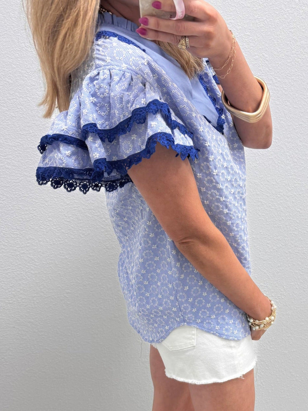 Eyelet Embroidered Flower Texture Contrast Lace Trim Flutter Sleeve Blouse