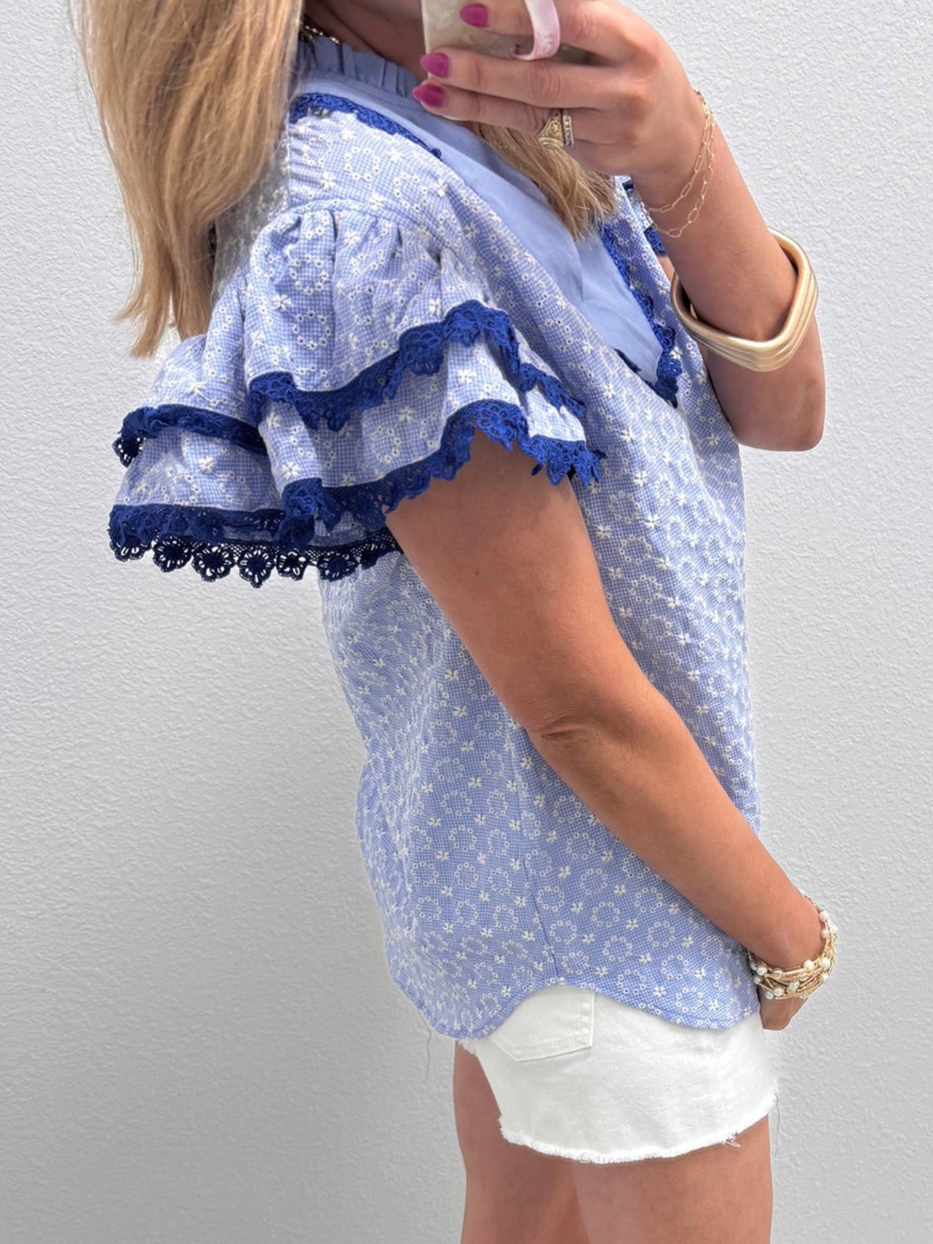 Eyelet Embroidered Flower Texture Contrast Lace Trim Flutter Sleeve Blouse