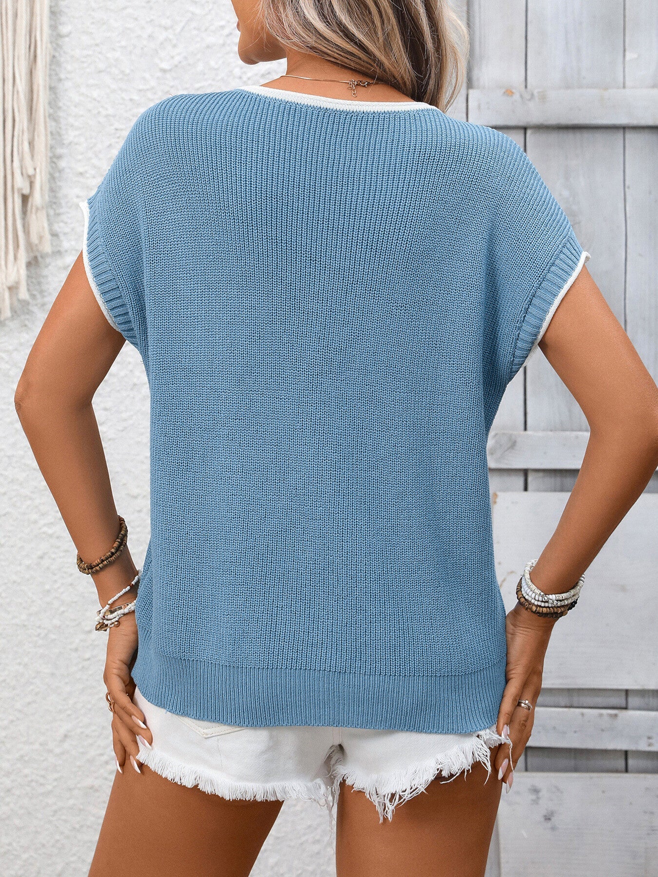 Contrast Trim Short Sleeve Sweater