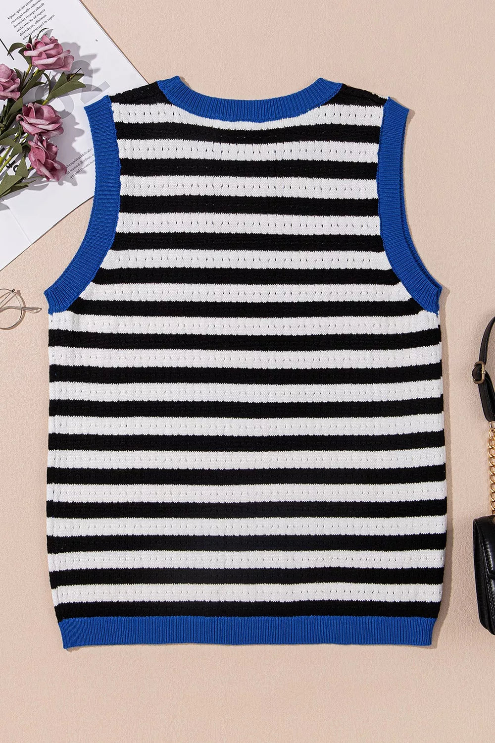 Stripe Pointelle Knit Contrast Trim Sleeveless Sweater Top