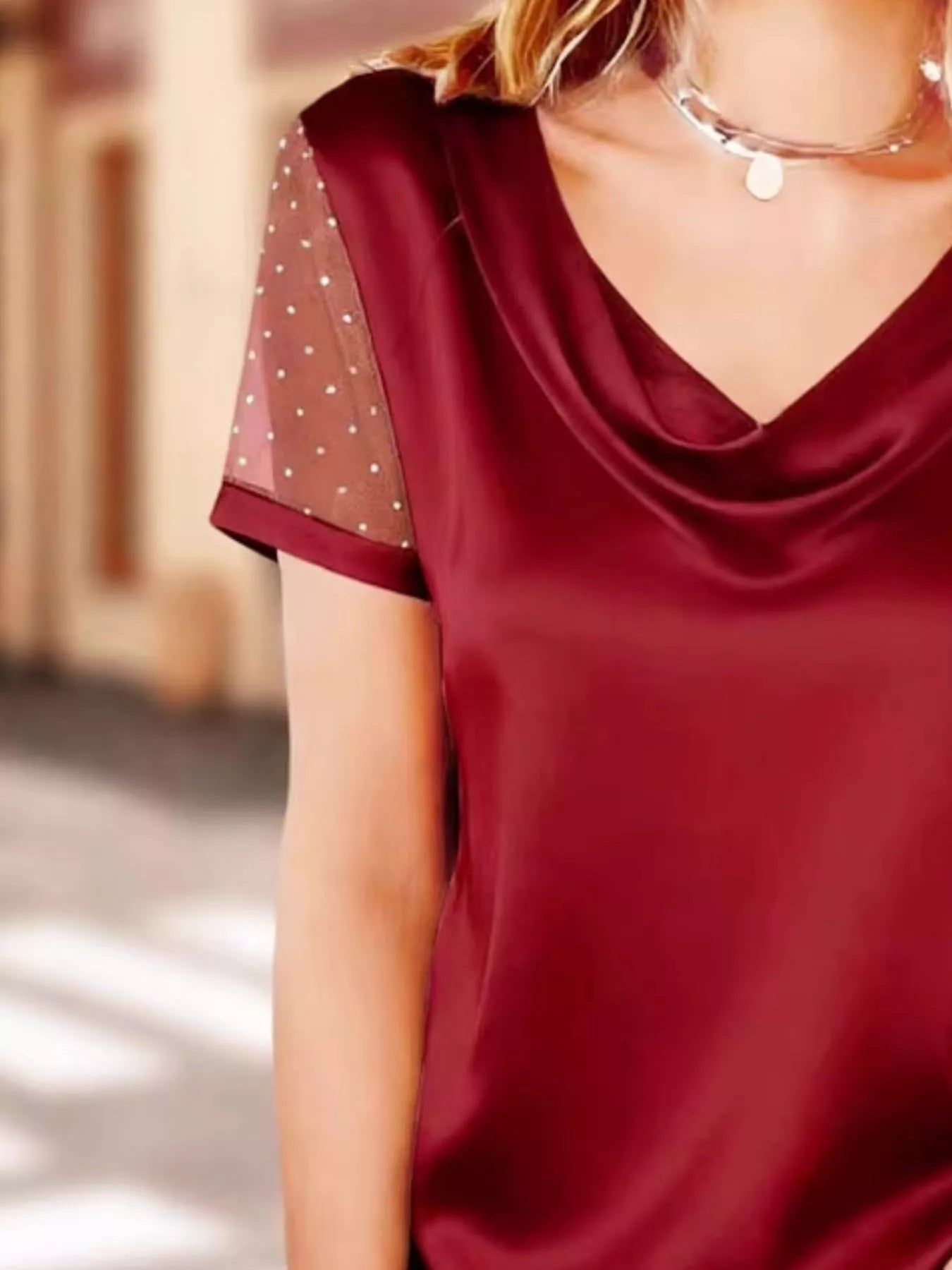 Cowl Neck Polka Dot Short Sleeve Top
