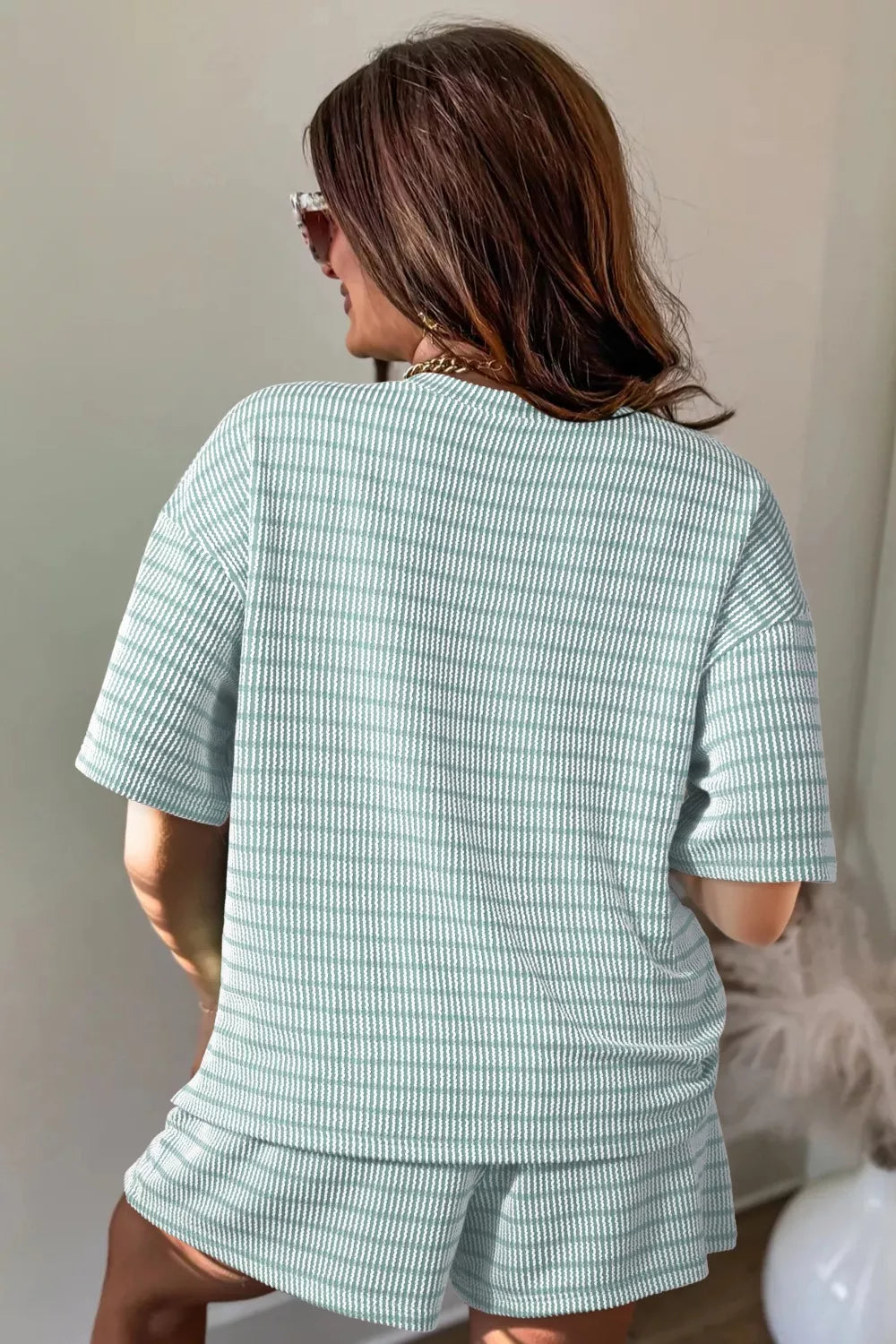 Stripe Raised Rib Loose Tee Drawstring Elastic Waist 2pcs Short Set