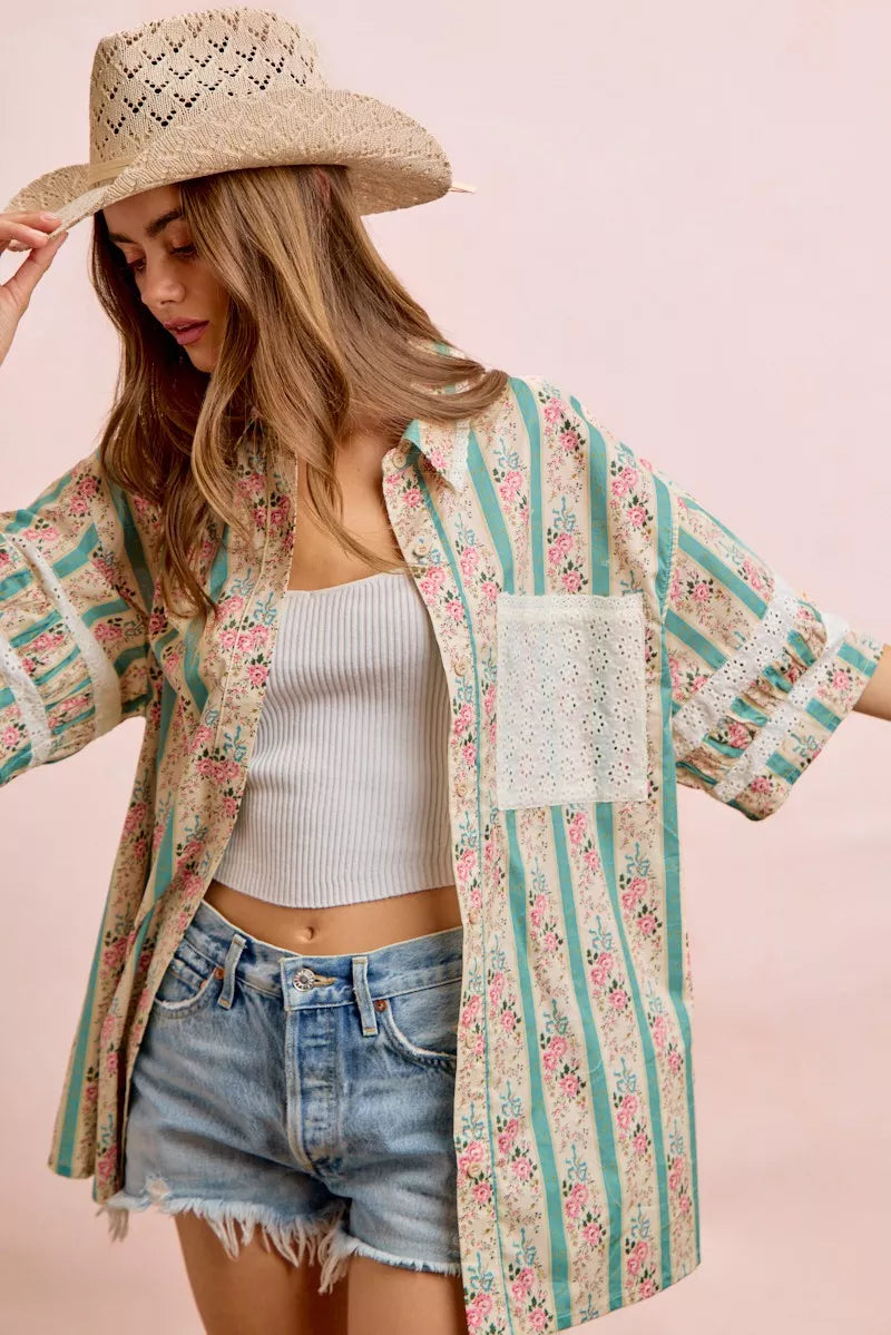 BiBi Eyelet Lace And Floral Mix And Match Shirt Top