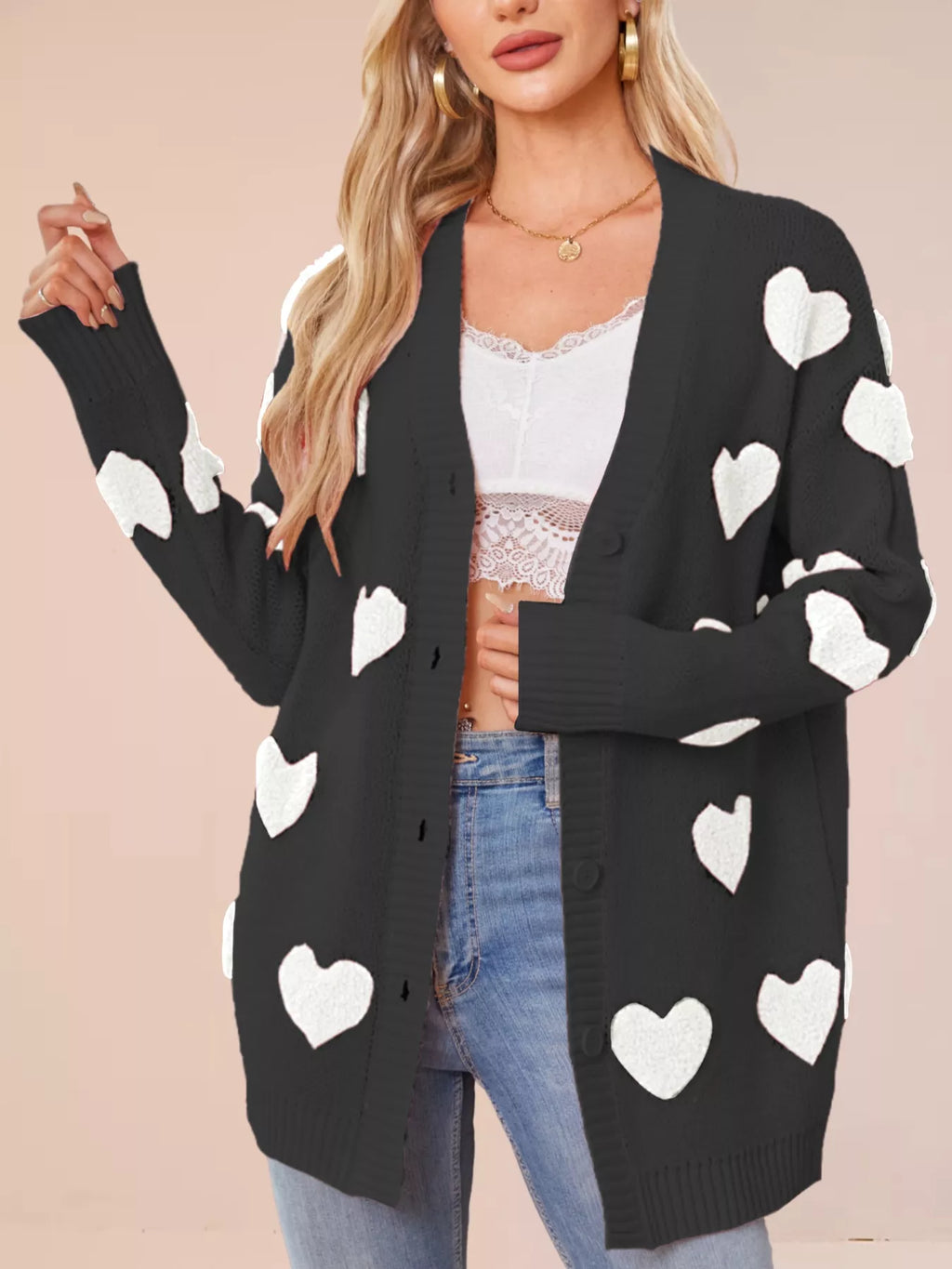 Heart Pattern Knit Button-Up Cardigan