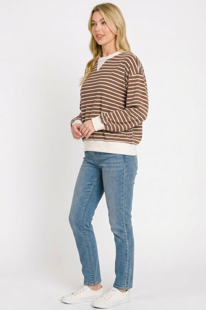 Zenana Striped Rib Banded Sweatshirt