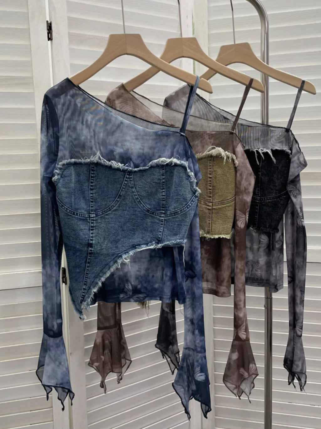 Asymmetrical Neck Denim Patchwork Top