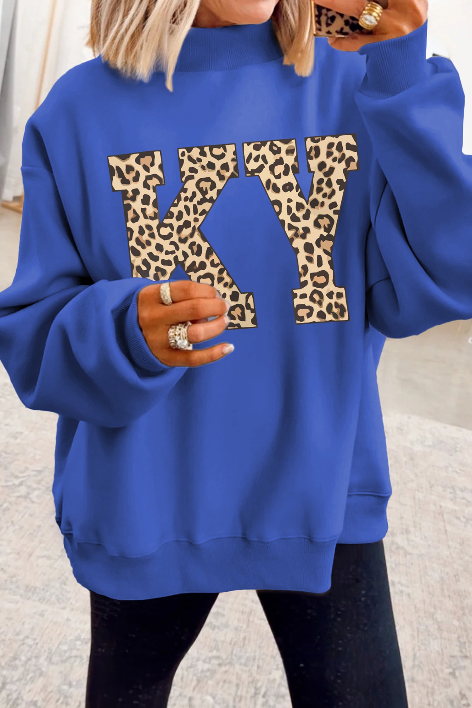 Dark Blue KENTUCKY Leopard KY Letter Print Reversible High Neck Sweatshirt