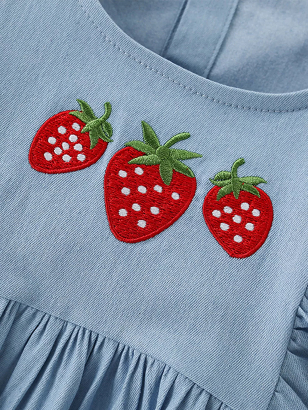 Children's Strawberry Embroidered Puff Sleeve Denim Dress