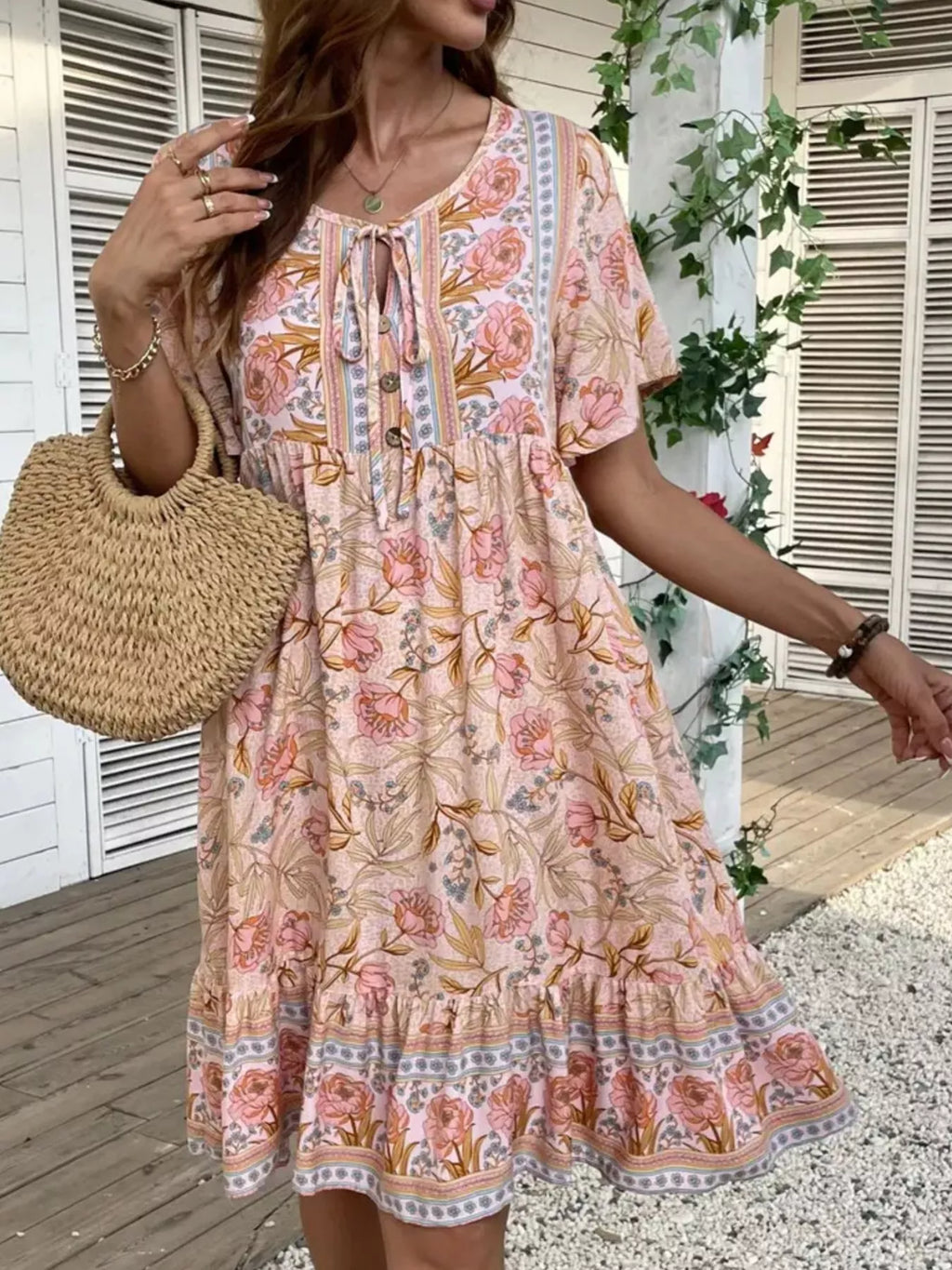 Printed Tie Neck Short Sleeve Mini Dress