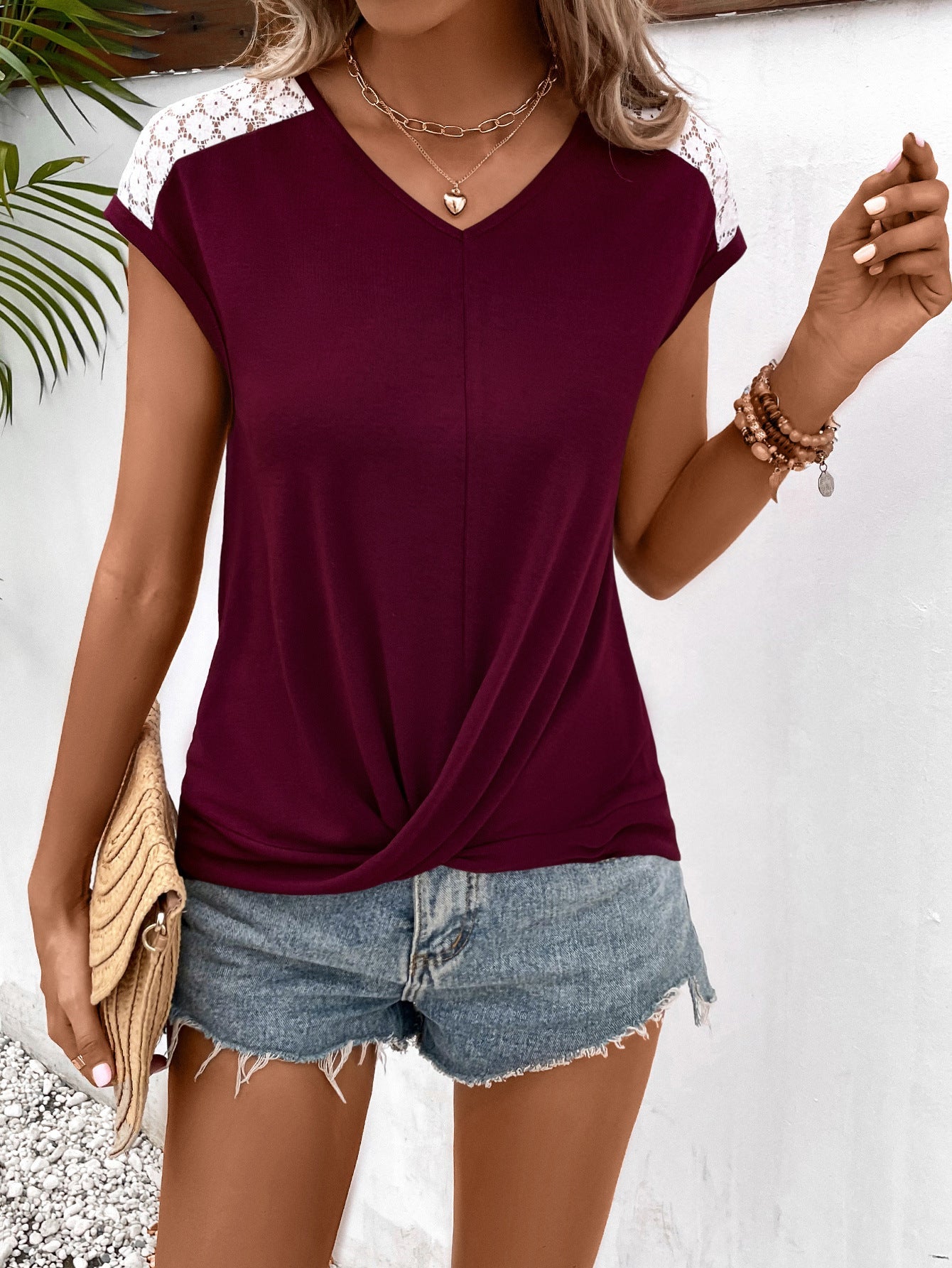 Ivy Lane Spliced Lace V-Neck Twisted Hem Tee