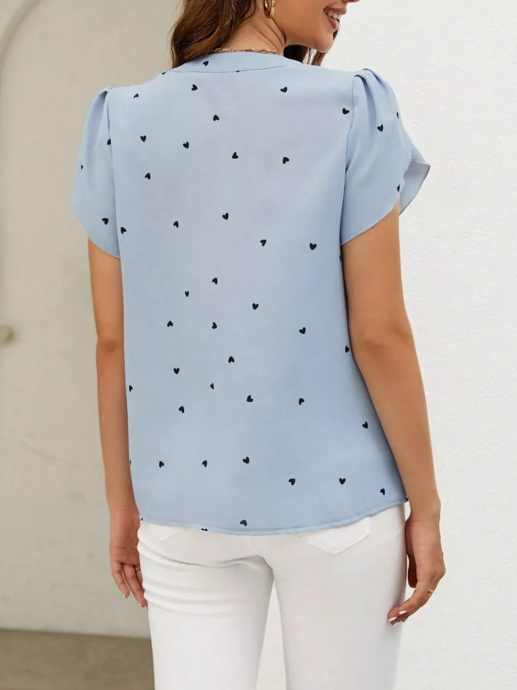 Heart Print Petal Sleeve Blouse