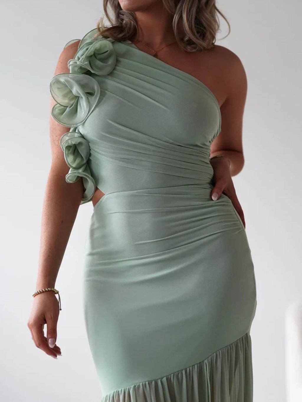 One-Shoulder Ruffle Trim Maxi Dress
